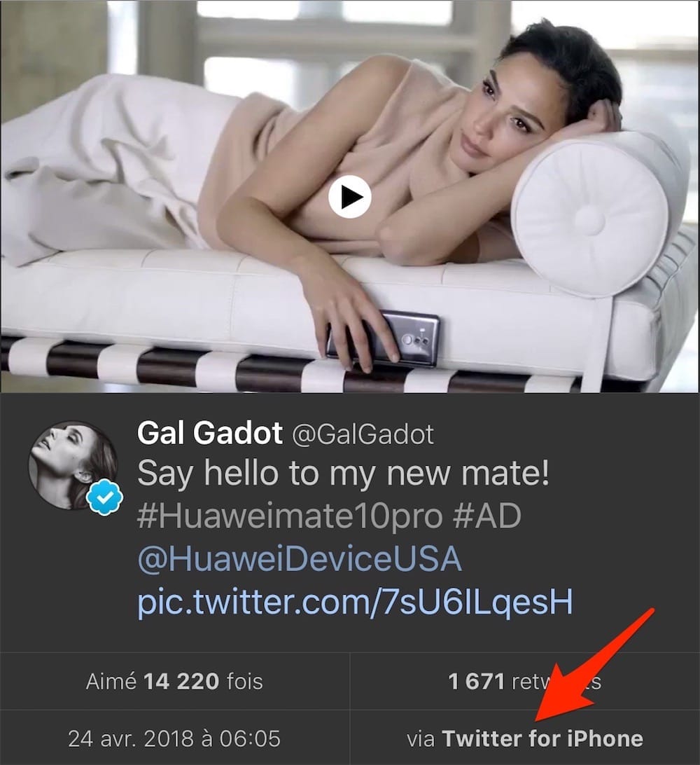 Gal Gadot fait la promo de Huawei en tweetant depuis un iPhone #OKLM